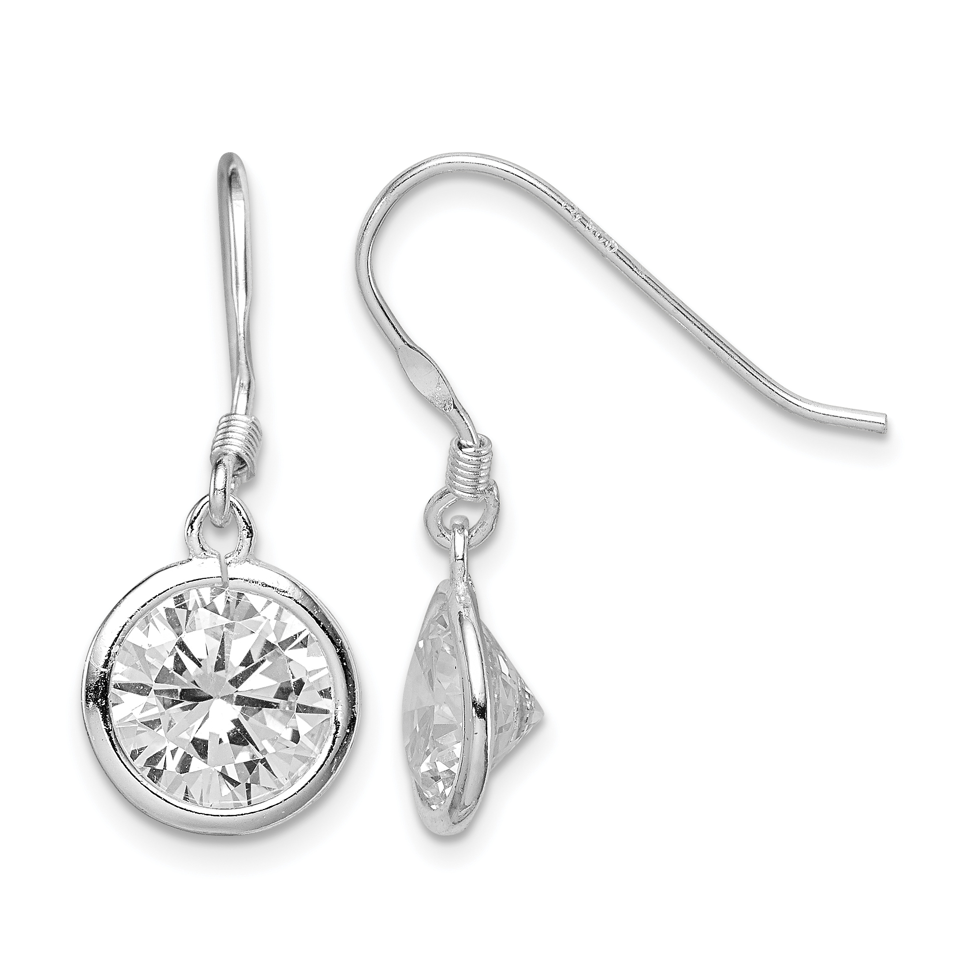 Sterling Silver Rhod-pltd 10mm Round CZ Bezel Set Dangle Earrings (QE5000)