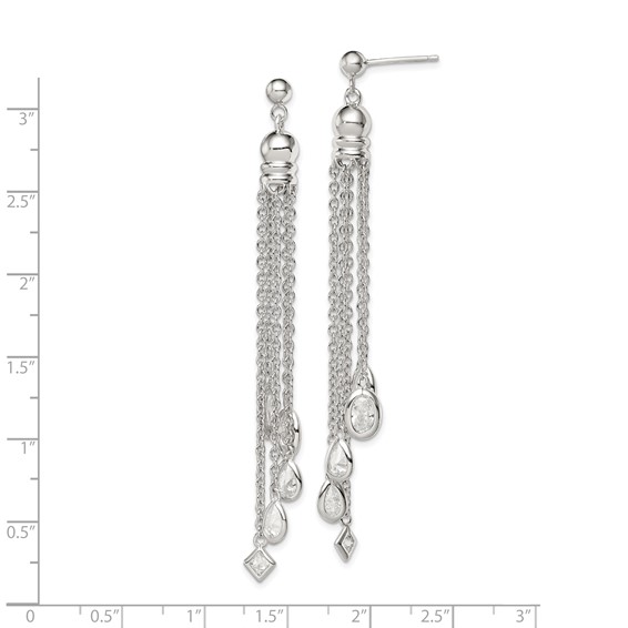 Sterling Silver RH-plated Polished CZ & Multi-Chain Post Dangle Earrings
