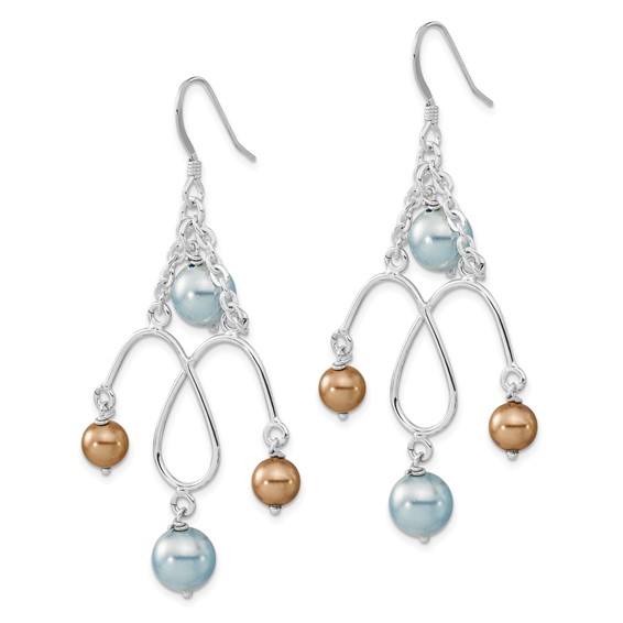 Sterling Silver Polished Blue & Champagne Simulated Pearl Dangle Earrings