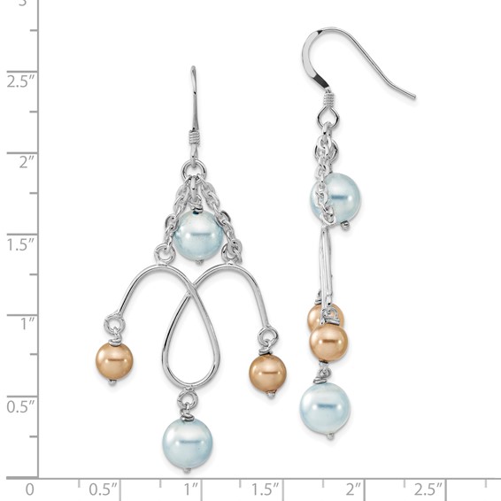 Sterling Silver Polished Blue & Champagne Simulated Pearl Dangle Earrings