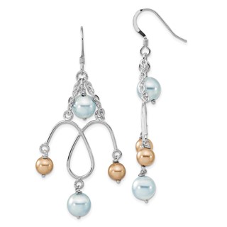 Sterling Silver Polished Blue & Champagne Simulated Pearl Dangle Earrings