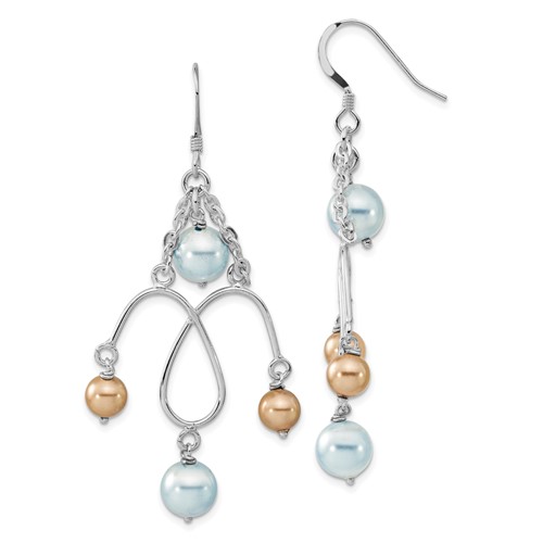 Sterling Silver Polished Blue & Champagne Simulated Pearl Dangle Earrings
