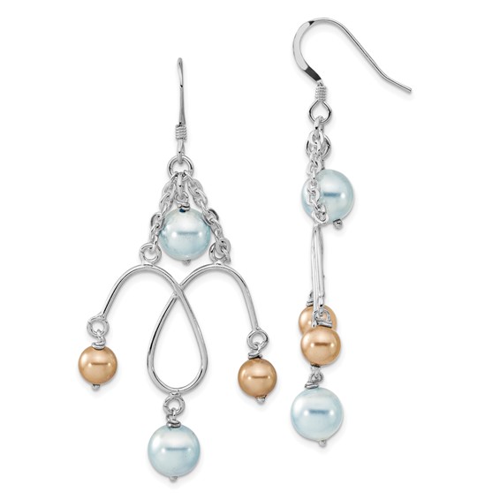 Sterling Silver Polished Blue & Champagne Simulated Pearl Dangle Earrings