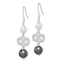 Sterling Silver Polished Grey & White Glass Pearl Infinity Dangle Earrings view 2