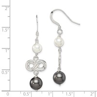 Sterling Silver Polished Grey & White Glass Pearl Infinity Dangle Earrings view 4