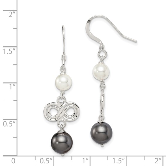 Sterling Silver Polished Grey & White Glass Pearl Infinity Dangle Earrings
