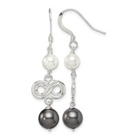 Sterling Silver Polished Grey & White Glass Pearl Infinity Dangle Earrings view 1