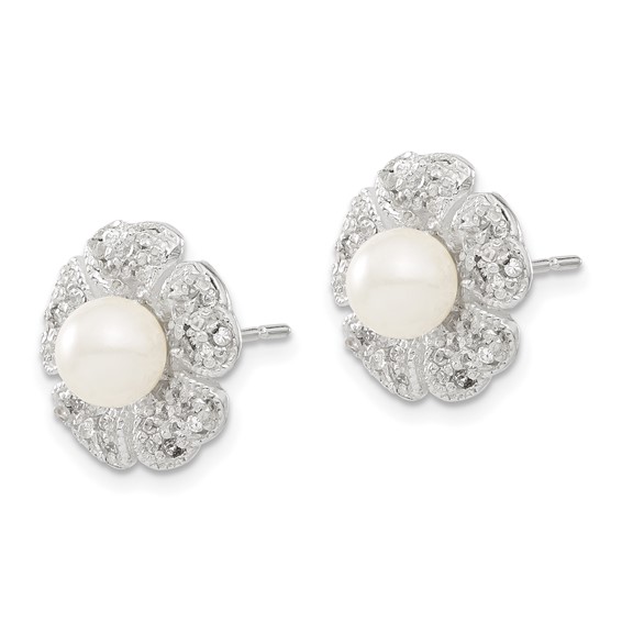 Sterling Silver CZ & Simulated Pearl Flower Post Earrings