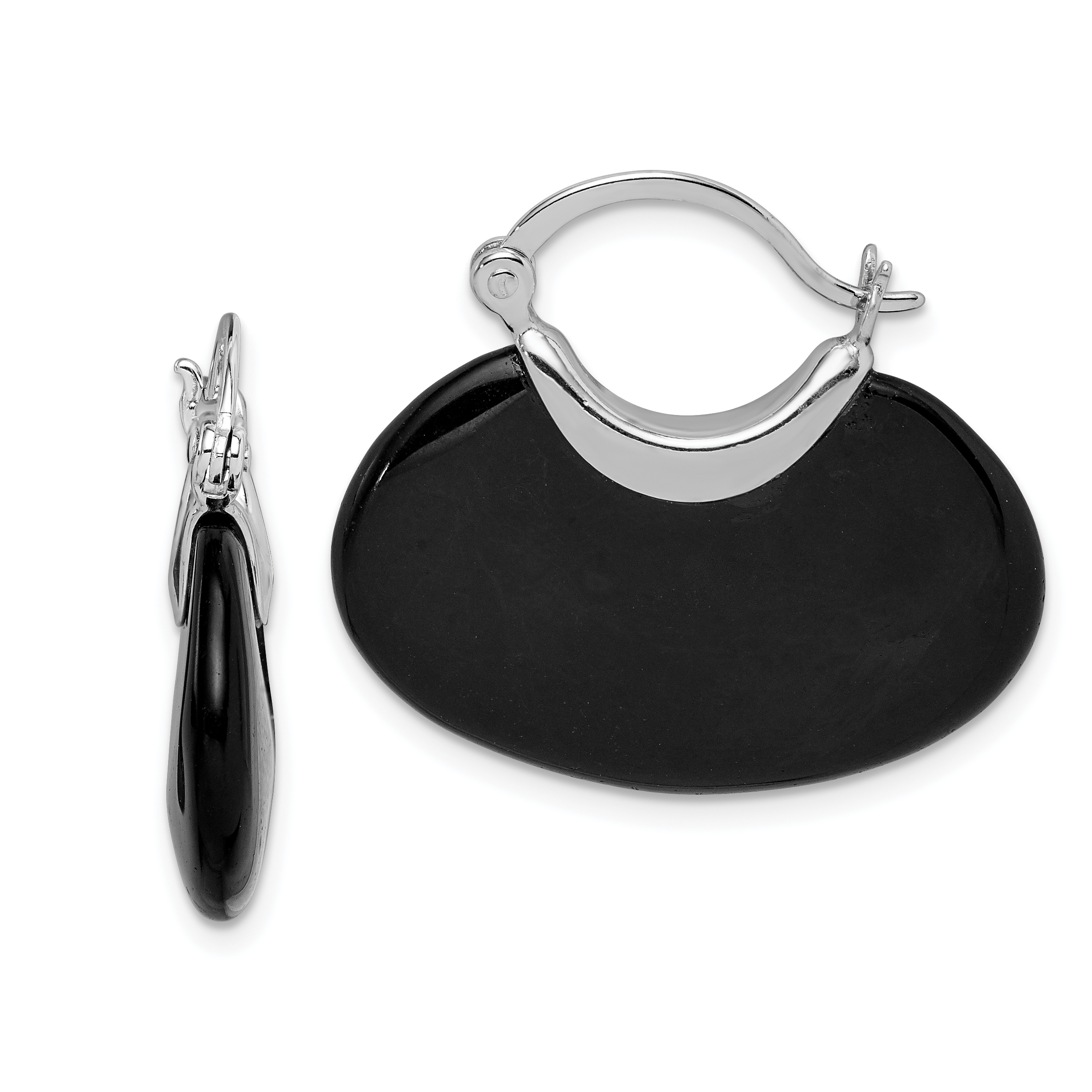Sterling Silver Rhodium-plated Polished Onyx Hoop Earrings (QE5132)