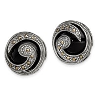 Sterling Silver Antiqued Onyx & Marcasite Round Wave Post Earrings view 2