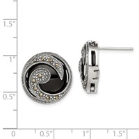 Sterling Silver Antiqued Onyx & Marcasite Round Wave Post Earrings view 4