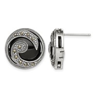 Sterling Silver Antiqued Onyx & Marcasite Round Wave Post Earrings view 1