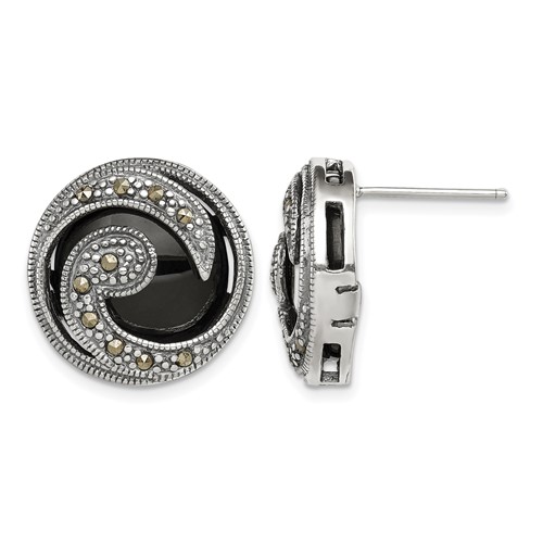 Sterling Silver Antiqued Onyx & Marcasite Round Wave Post Earrings