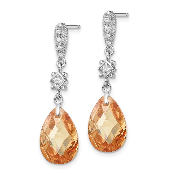 Sterling Silver Rhodium-plated Polished & Textured Champagne & White CZ Teardrop Post Dangle Earrings