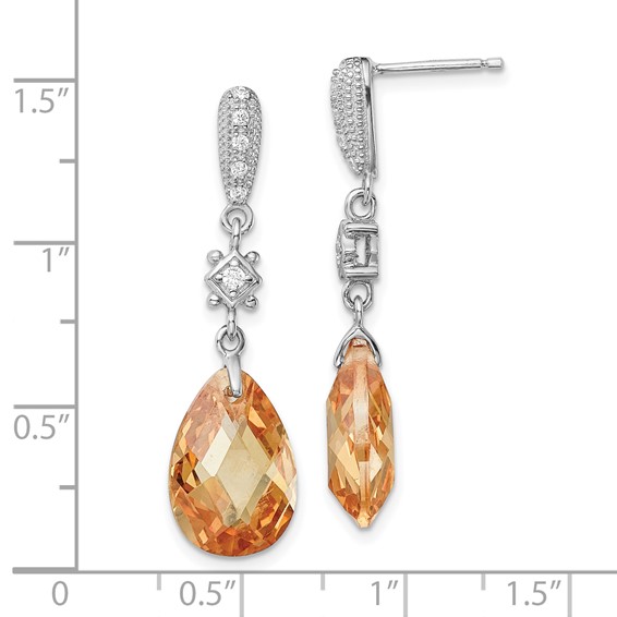 Sterling Silver Rhodium-plated Polished & Textured Champagne & White CZ Teardrop Post Dangle Earrings