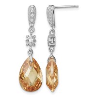 Sterling Silver Rhodium-plated Polished & Textured Champagne & White CZ Teardrop Post Dangle Earrings view 1