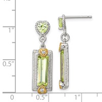 Sterling Silver Earrings with Gold-tone Vermeil Polished & Textured Light Green CZ Hearts Post Dangle view 4