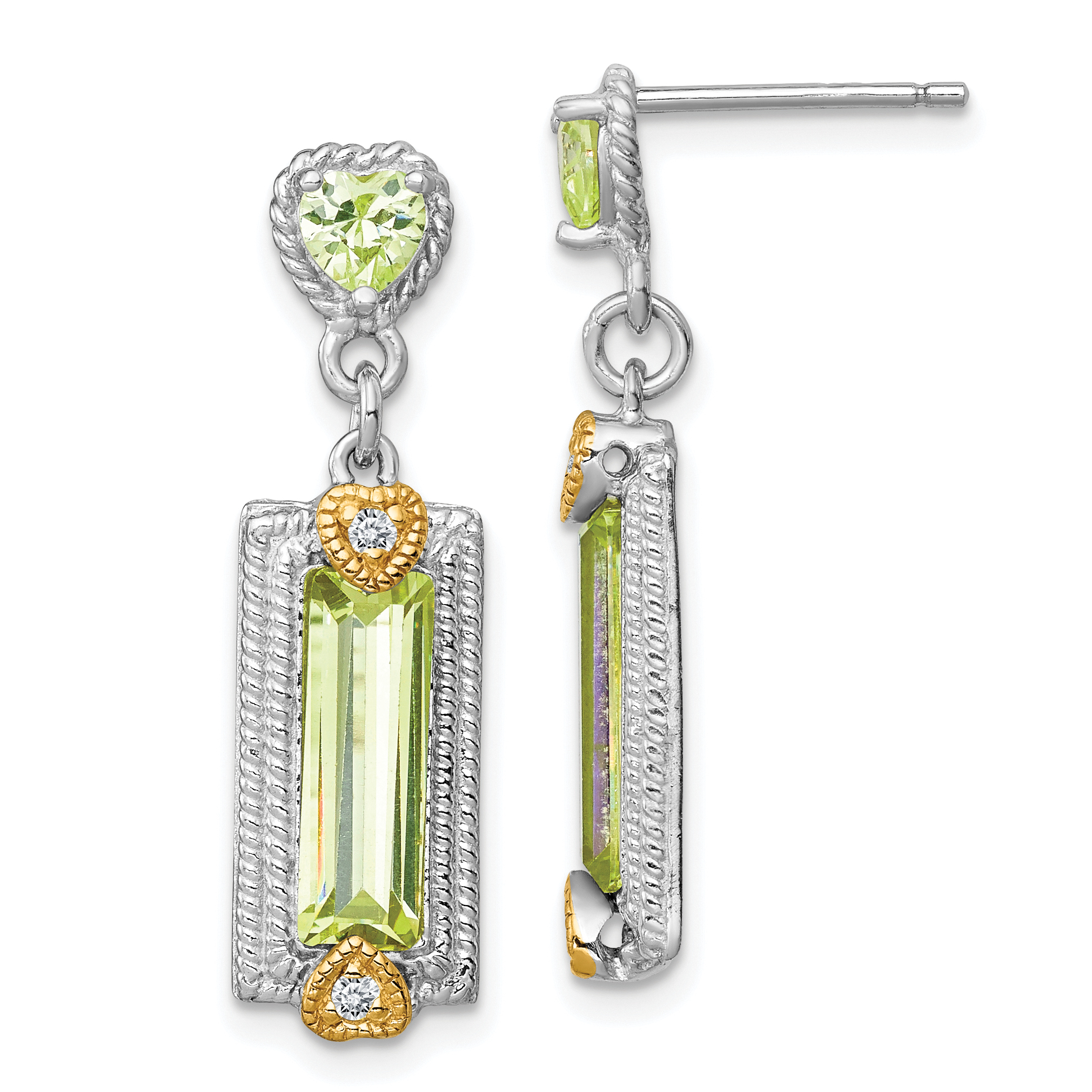 Sterling Silver w/ Gold-tone Vermeil Polished & Textured Light Green CZ Hearts Post Dangle Earrings (QE5209)