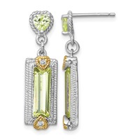 Sterling Silver Earrings with Gold-tone Vermeil Polished & Textured Light Green CZ Hearts Post Dangle view 1