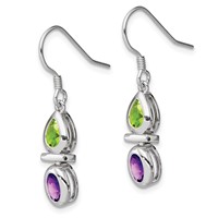 Sterling Silver Rhodium Plated Peridot and Amethyst Dangle Earrings view 2