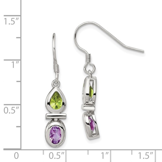 Sterling Silver Rhodium Plated Peridot and Amethyst Dangle Earrings