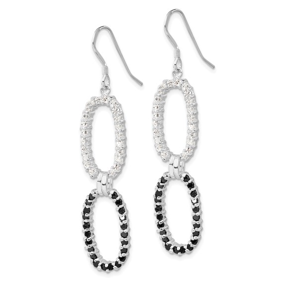 Sterling Silver Polished Fancy Black & Clear CZ Oval Dangle Earrings