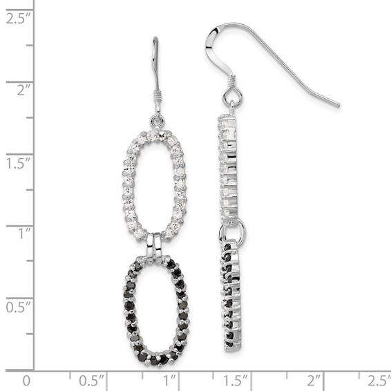 Sterling Silver Polished Fancy Black & Clear CZ Oval Dangle Earrings