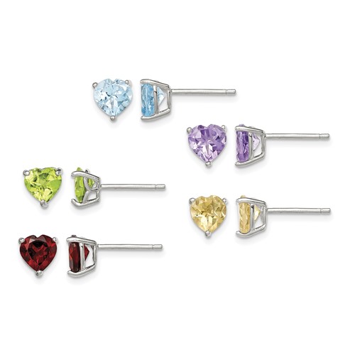 Sterling Silver Rhodium-plated Heart Shaped Garnet, Peridot, Blue Topaz, Citrine and Amethyst Set of 5 Post Earrings