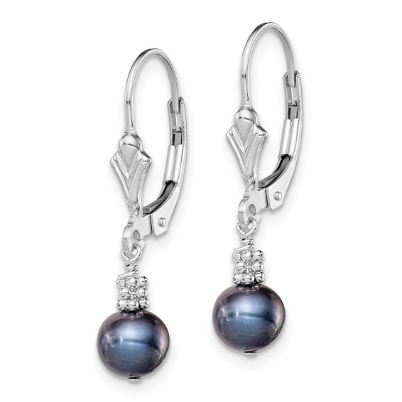 Sterling Silver Rhodium-plated 6-7mm Black Near-Round Freshwater Cultured Pearl Leverback Dangle Earrings