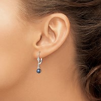 Sterling Silver Rhodium-plated 6-7mm Black Near-Round Freshwater Cultured Pearl Leverback Dangle Earrings view 3