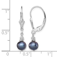 Sterling Silver Rhodium-plated 6-7mm Black Near-Round Freshwater Cultured Pearl Leverback Dangle Earrings view 4
