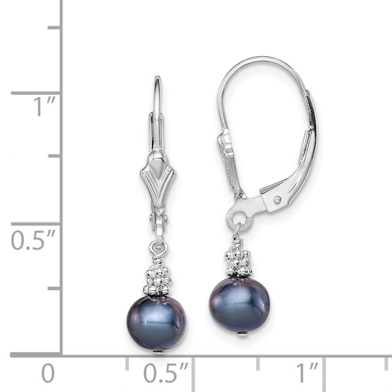 Sterling Silver Rhodium-plated 6-7mm Black Near-Round Freshwater Cultured Pearl Leverback Dangle Earrings