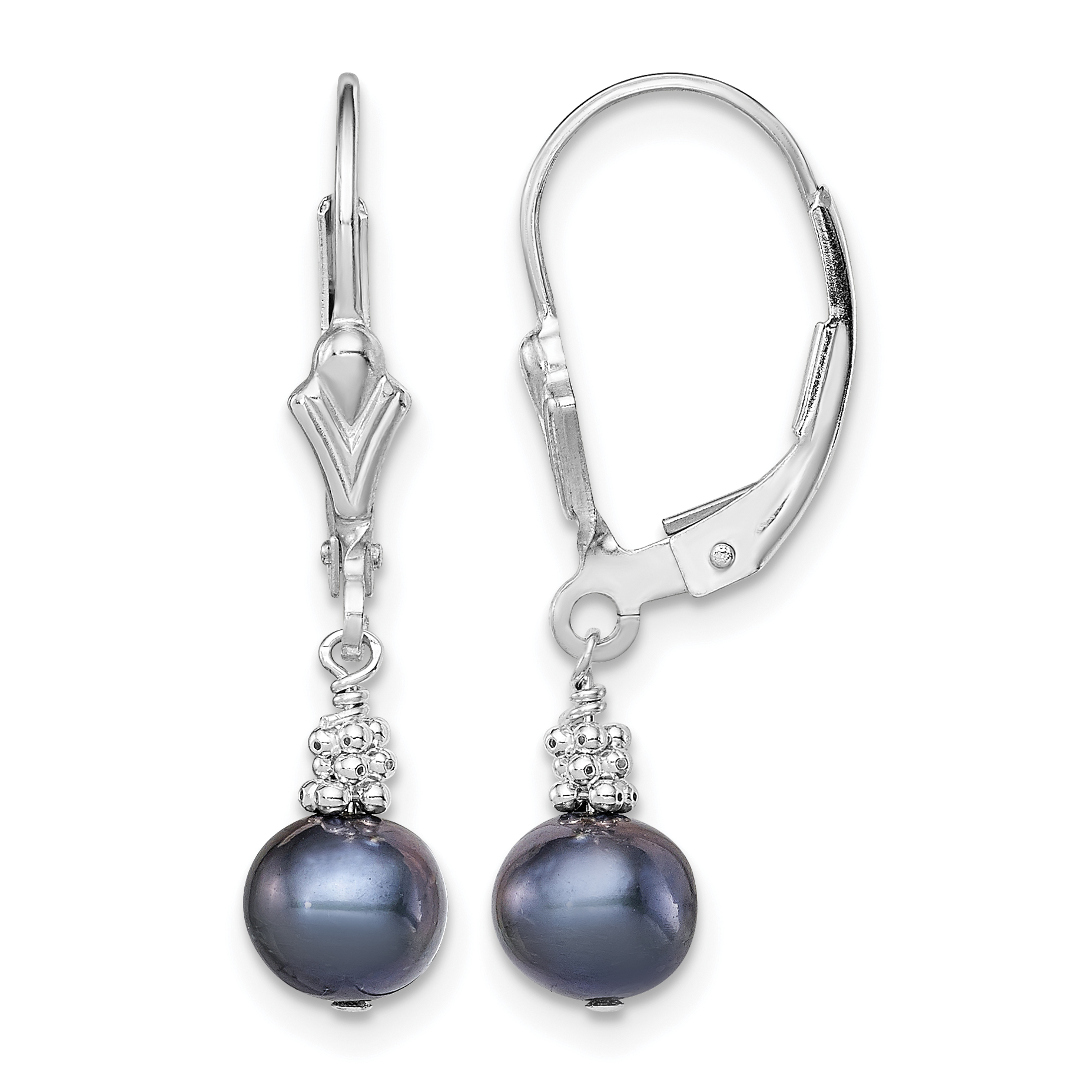 Sterling Silver Rhodium-plated 6-7mm Black Near-Round Freshwater Cultured Pearl Leverback Dangle Earrings (QE5400)