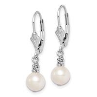 Sterling Silver Rhodium-plated Beaded 6-7mm White Near-Round Freshwater Cultured Pearl Leverback Dangle Earrings view 2