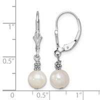 Sterling Silver Rhodium-plated Beaded 6-7mm White Near-Round Freshwater Cultured Pearl Leverback Dangle Earrings view 4
