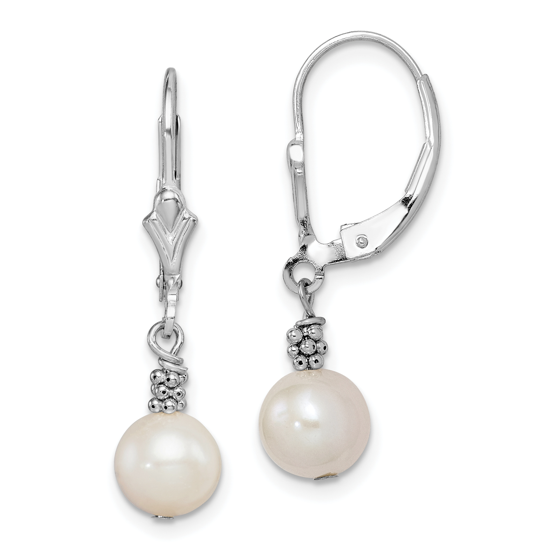 Sterling Silver Rhodium-plated Beaded 6-7mm White Near-Round Freshwater Cultured Pearl Leverback Dangle Earrings (QE5403)
