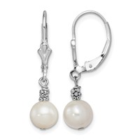 Sterling Silver Rhodium-plated Beaded 6-7mm White Near-Round Freshwater Cultured Pearl Leverback Dangle Earrings view 1