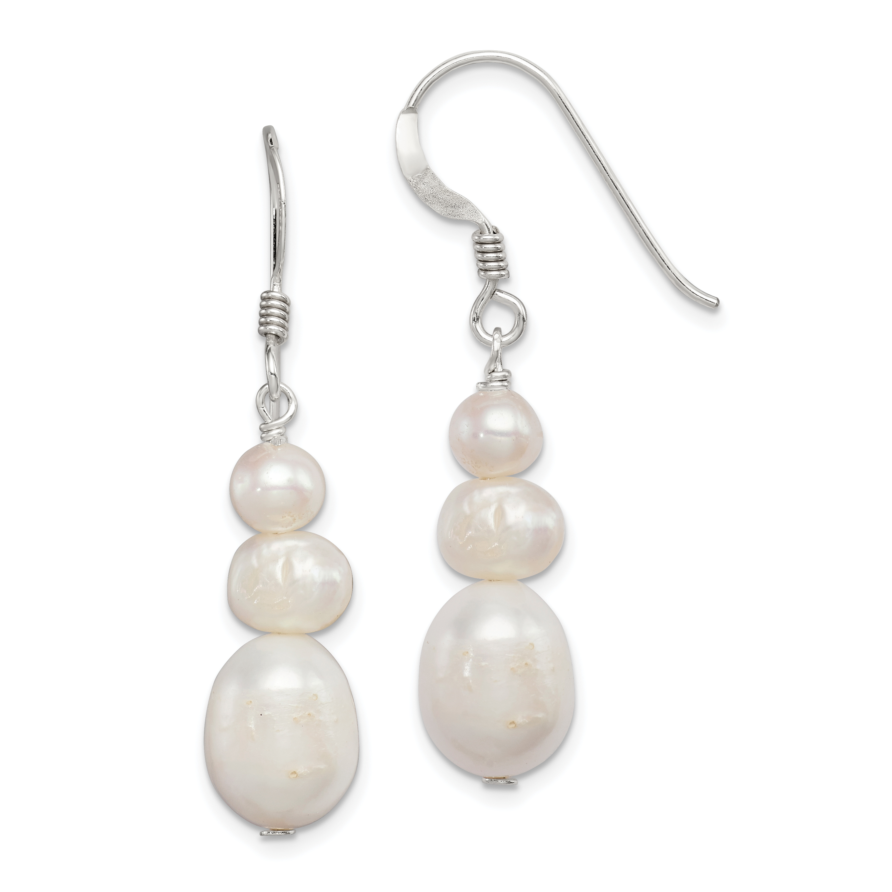 Sterling Silver Polished White 6-10mm Freshwater Cultured Pearl Dangle Earrings (QE5422)