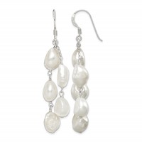Sterling Silver Polished White 8-10mm Baroque Freshwater Cultured Pearl Two-Strand Dangle Earrings view 1