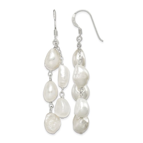Sterling Silver Polished White 8-10mm Baroque Freshwater Cultured Pearl Two-Strand Dangle Earrings