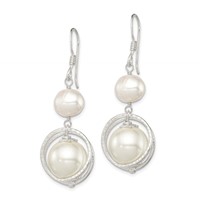 Sterling Silver Polished & Textured White 8-9mm Freshwater Cultured Pearl & 11-12mm Shell Pearl Dangle Earrings view 2