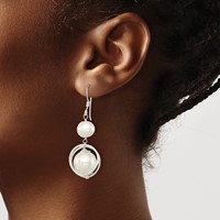 Sterling Silver Polished & Textured White 8-9mm Freshwater Cultured Pearl & 11-12mm Shell Pearl Dangle Earrings view 3