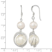 Sterling Silver Polished & Textured White 8-9mm Freshwater Cultured Pearl & 11-12mm Shell Pearl Dangle Earrings view 4