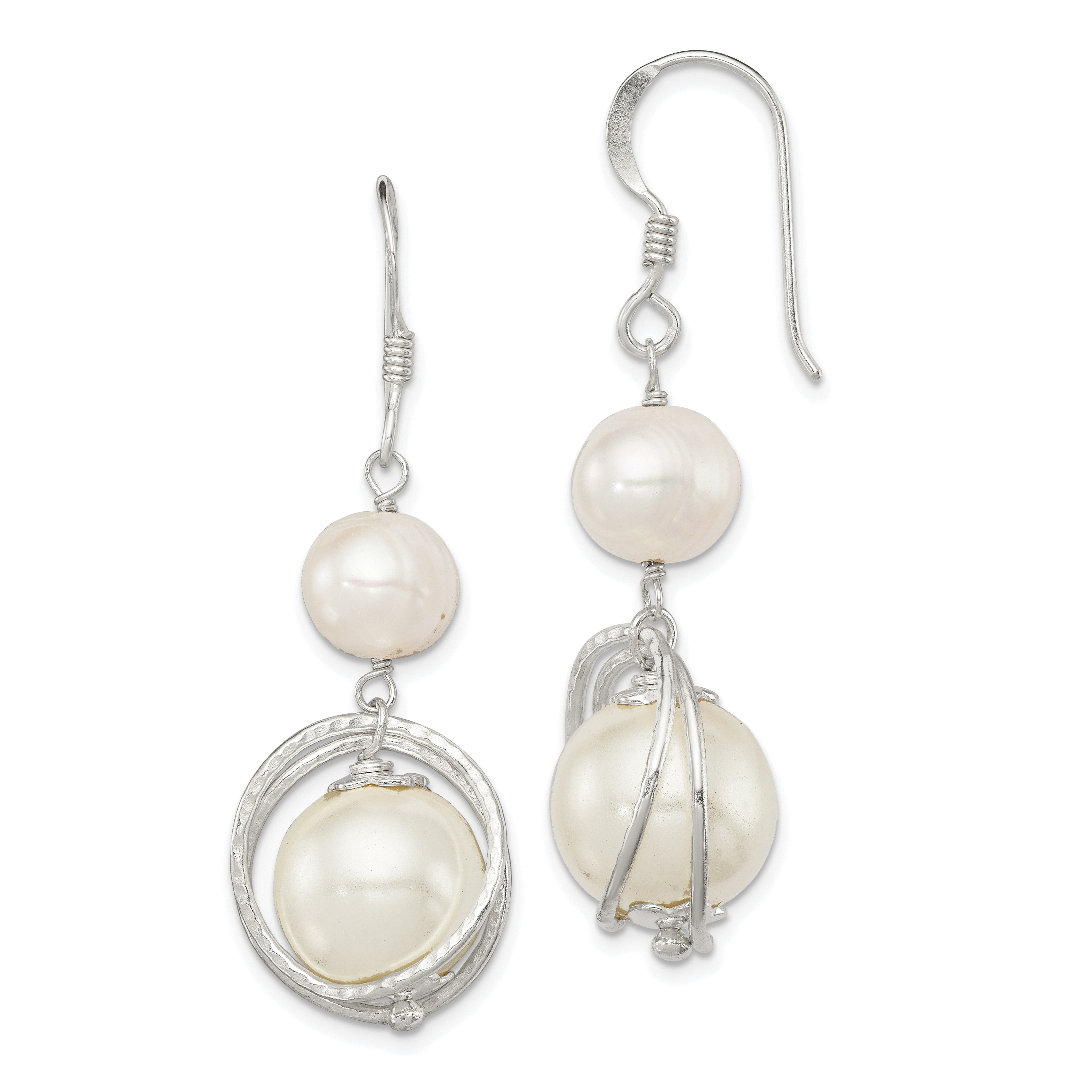 Sterling Silver Polished & Textured White 8-9mm Freshwater Cultured Pearl & 11-12mm Shell Pearl Dangle Earrings (QE5428)