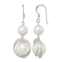 Sterling Silver Polished & Textured White 8-9mm Freshwater Cultured Pearl & 11-12mm Shell Pearl Dangle Earrings view 1