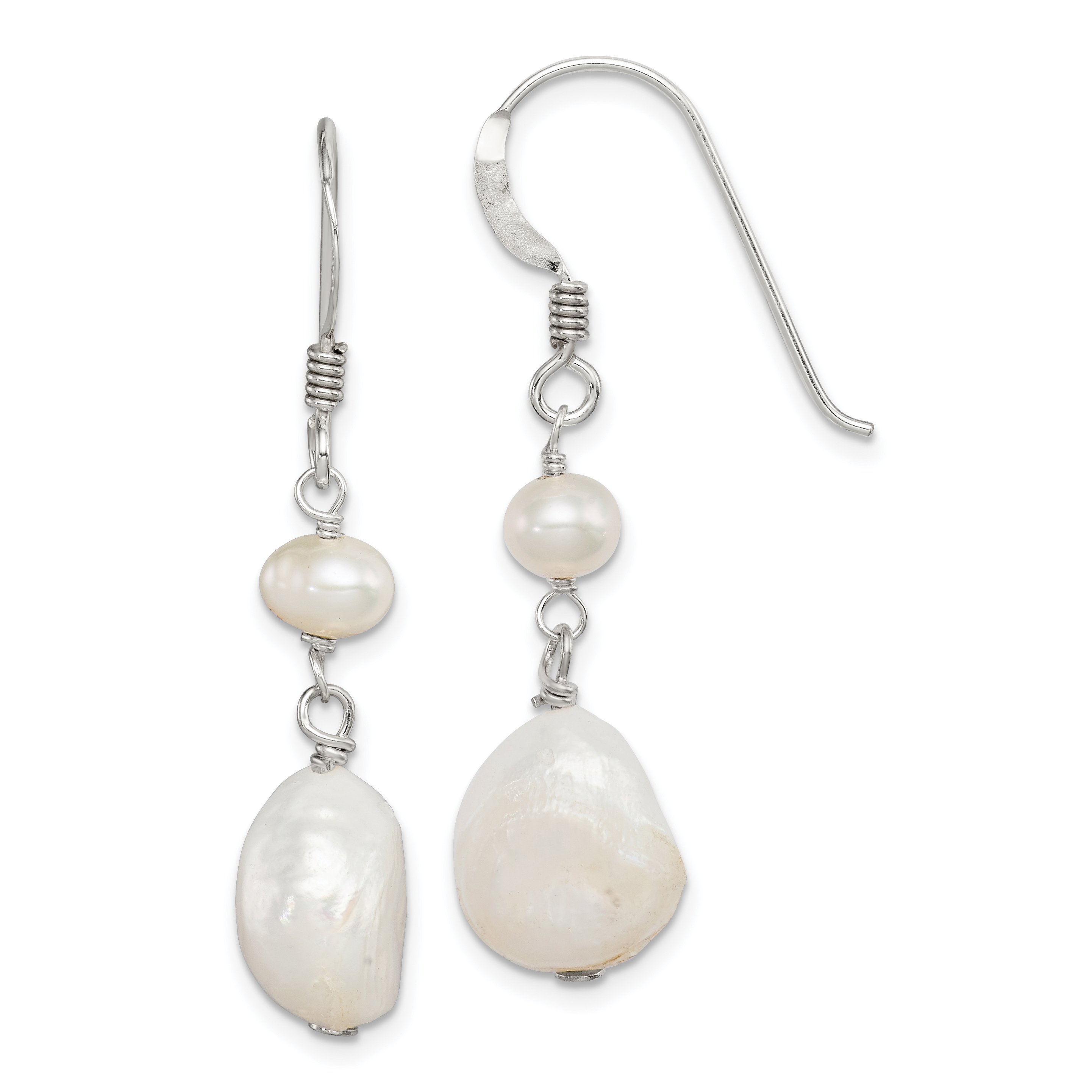 Sterling Silver Polished White 5.5-11mm Baroque & Semi-Round Freshwater Cultured Pearl Dangle Earrings (QE5431)