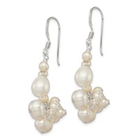 Sterling Silver Polished White Freshwater Cultured Pearl & Crystal Cluster Dangle Earrings view 2