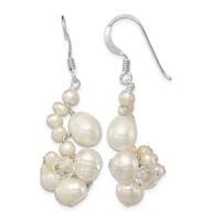 Sterling Silver Polished White Freshwater Cultured Pearl & Crystal Cluster Dangle Earrings view 1