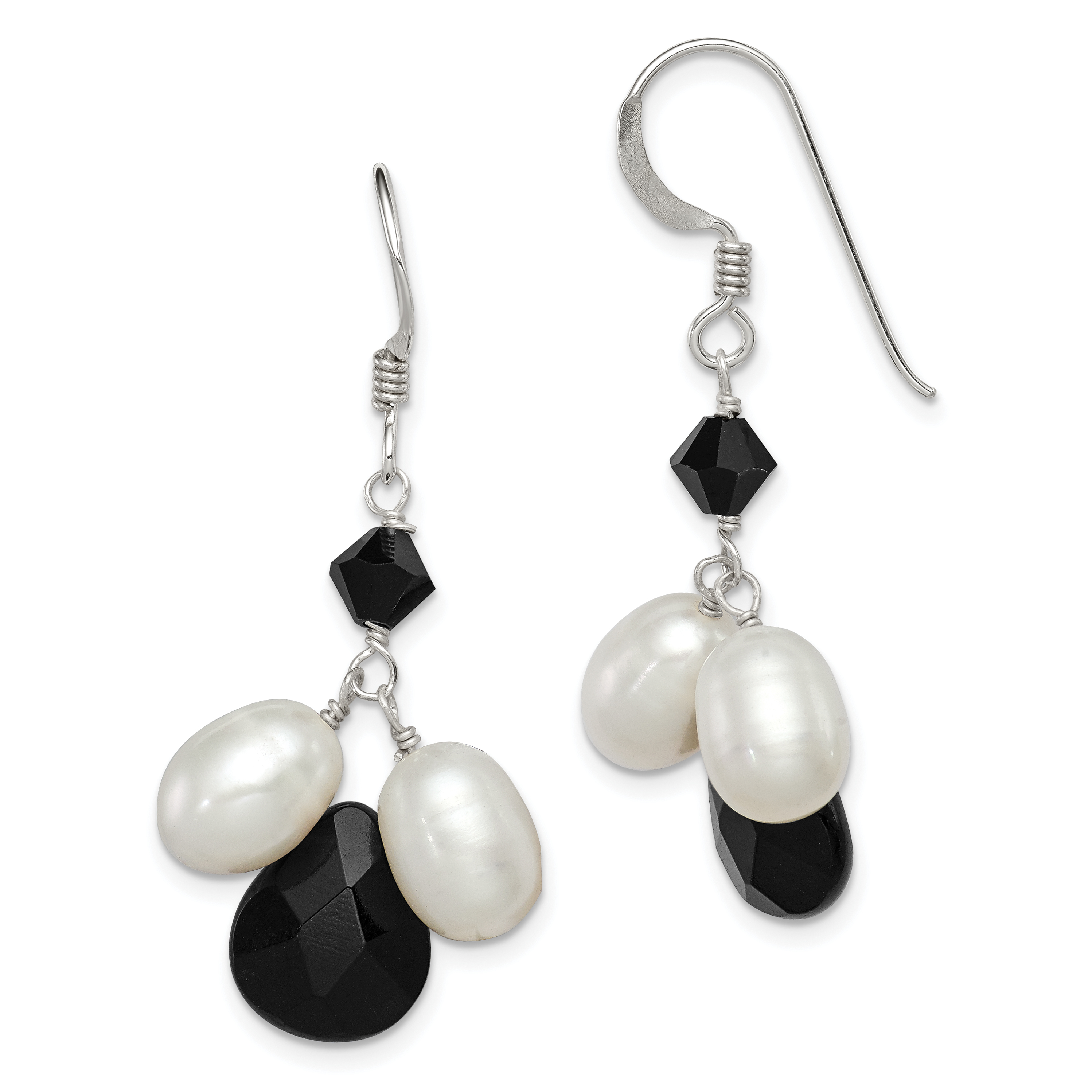 Sterling Silver Polished FWC Pearl / Black Crystal / Onyx Dangle Earrings (QE5466)