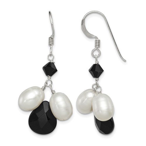 Sterling Silver Polished Fwc Pearl Black Crystal Onyx Dangle Earrings